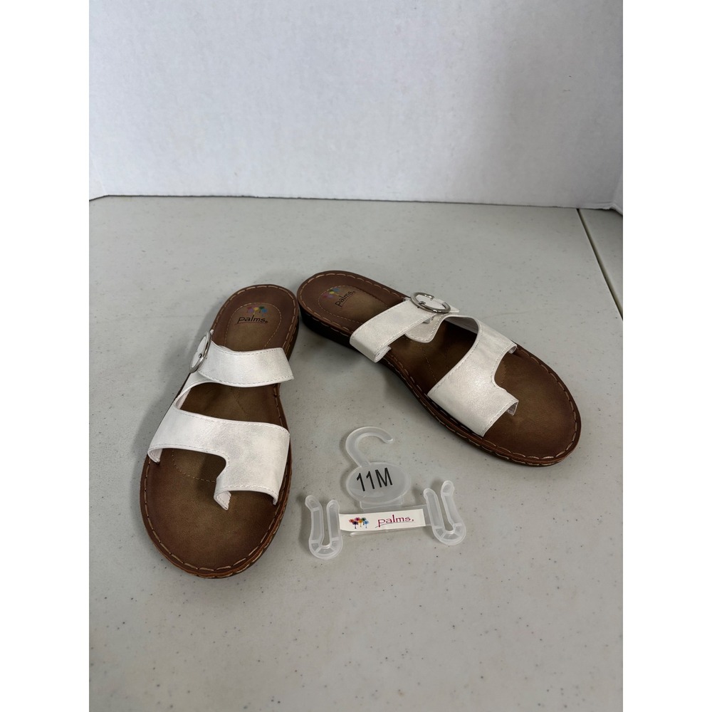Palms Womens White Toe Loop Slide Sandals Buckle Strap Flat Comfort‎ Size 11M